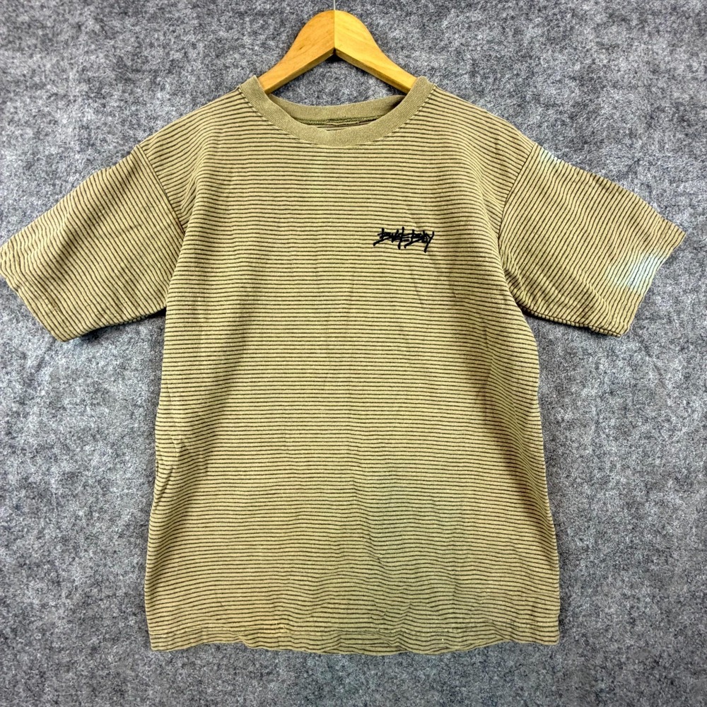 Vintage Bugle Boy Shirt Mens Small Olive Green Pinstripes Embroidered Logo Retro